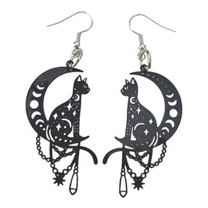 Laser Cutout Black Cat and Moon Earrings